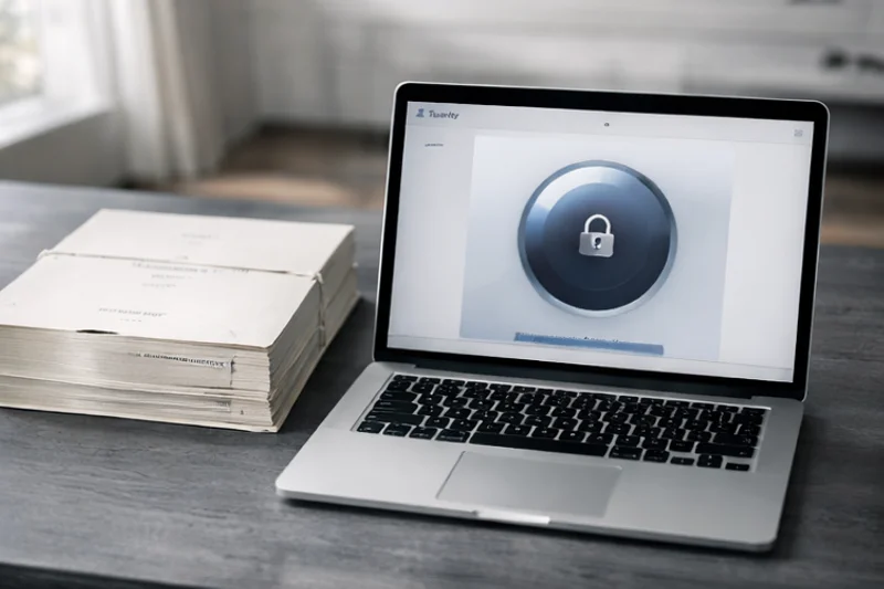 Laptop displaying Tuarity interface with secure document upload and HR policy documents